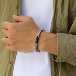 Mprainbow Punk Byzantine Bracelets for Men Boys,Black Silver Color Stainless Steel Chain Wristband,Handmade Jewelry