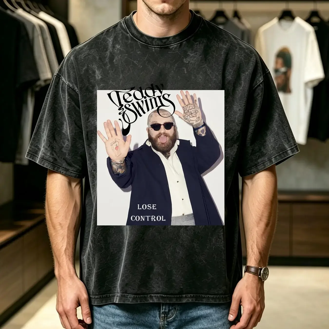 washed T Shirt Teddy Swims 'Lose Control' Album All Size long or short sleeves vintage Washed Versatile Soft streetwear