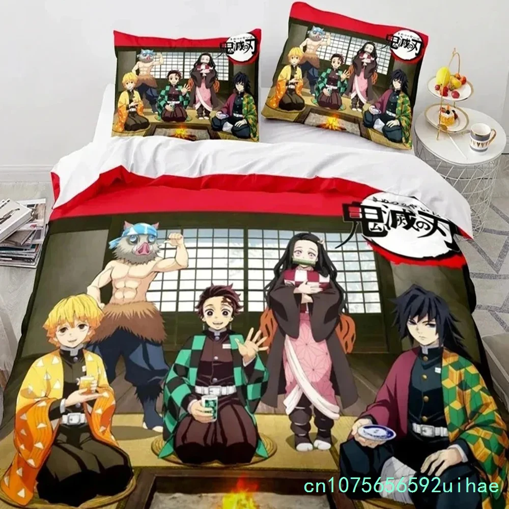 Demon Slayer Bedding Set Japanese Cartoon Style children's Duvet Cover Set Comfortable Cover Set King Queen Twin Double Size