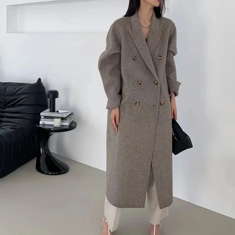 2024 Autumn Winter New Drouble Breasted Woolen Coat Women Tailored Collar Long Loose Woolen Jacket Female Casual Fashion Korean