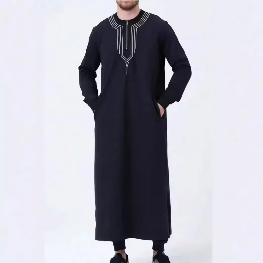 African Muslim Arab Loose Embroidered Men's Casual Robe,  Half Zip Round Neck Long Sleeve Patchwork Robe, Men Spring and Autumn