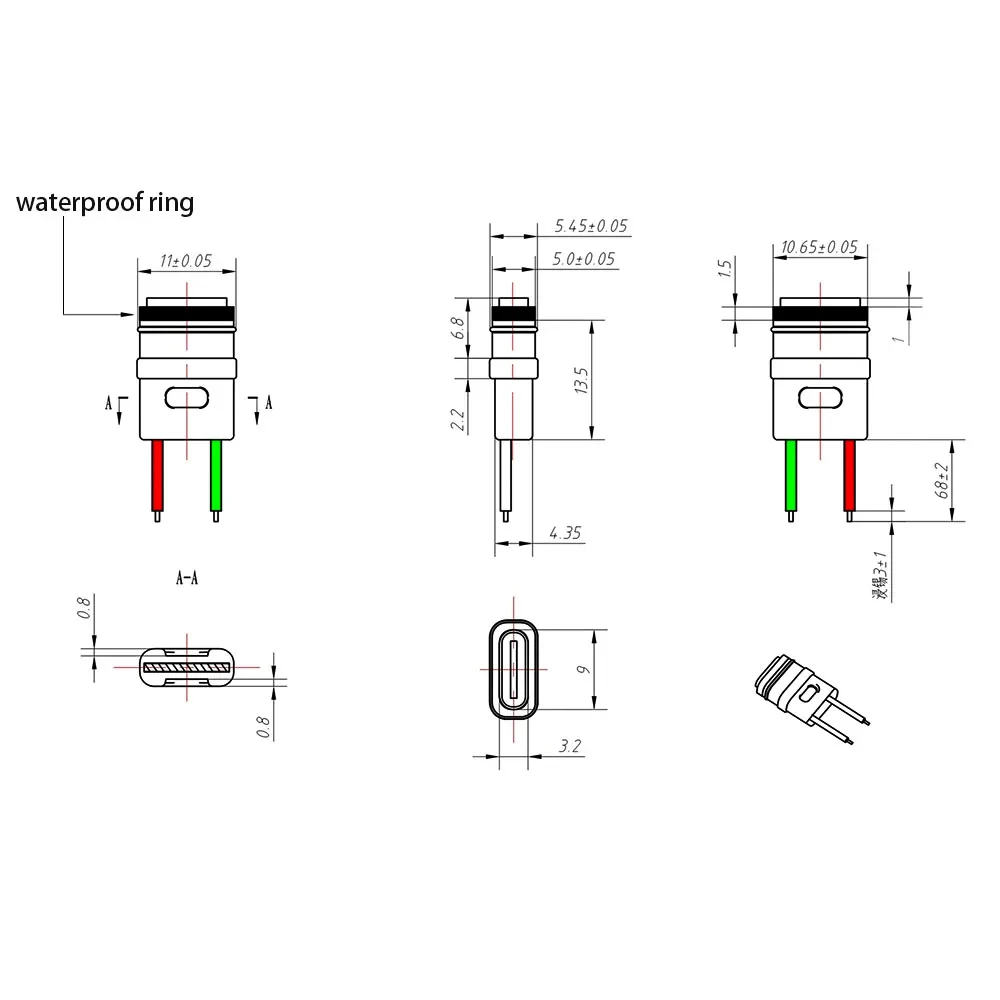 10PCS Type-C welding wire type female seat waterproof 2pin with wire ipx7 5A high current interface waterproof connector