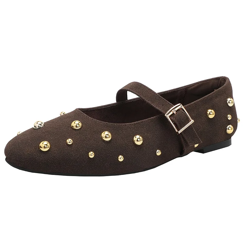 

2025 Designer Metal Rivets Women's Flats fashion Faux Suede Soft Sole ballet shoes Buckle loafers Ladies shoes Mary Jane Shoes