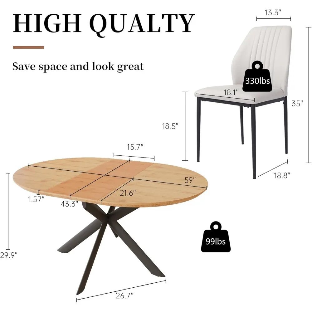 طقم طاولة طعام مستديرة قابلة للتمديد 43.2 بوصة - 59.1 بوصة، طاولة مطبخ تتسع لـ 4-6 أشخاص مع لوح MDF سميك مقاوم للخدش، قهوة من خشب البلوط
