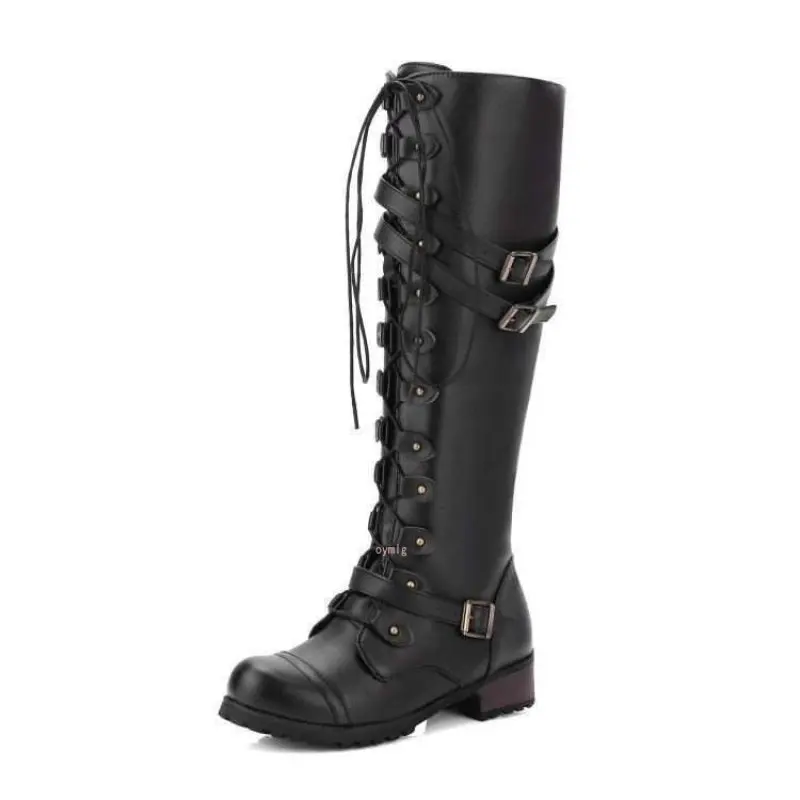 

Sexy Lace Up Knee High Boots Women Fashion Boots Flats Shoes Woman Square Heel Rubber Flock Boots Botas Winter Buckle Size 43