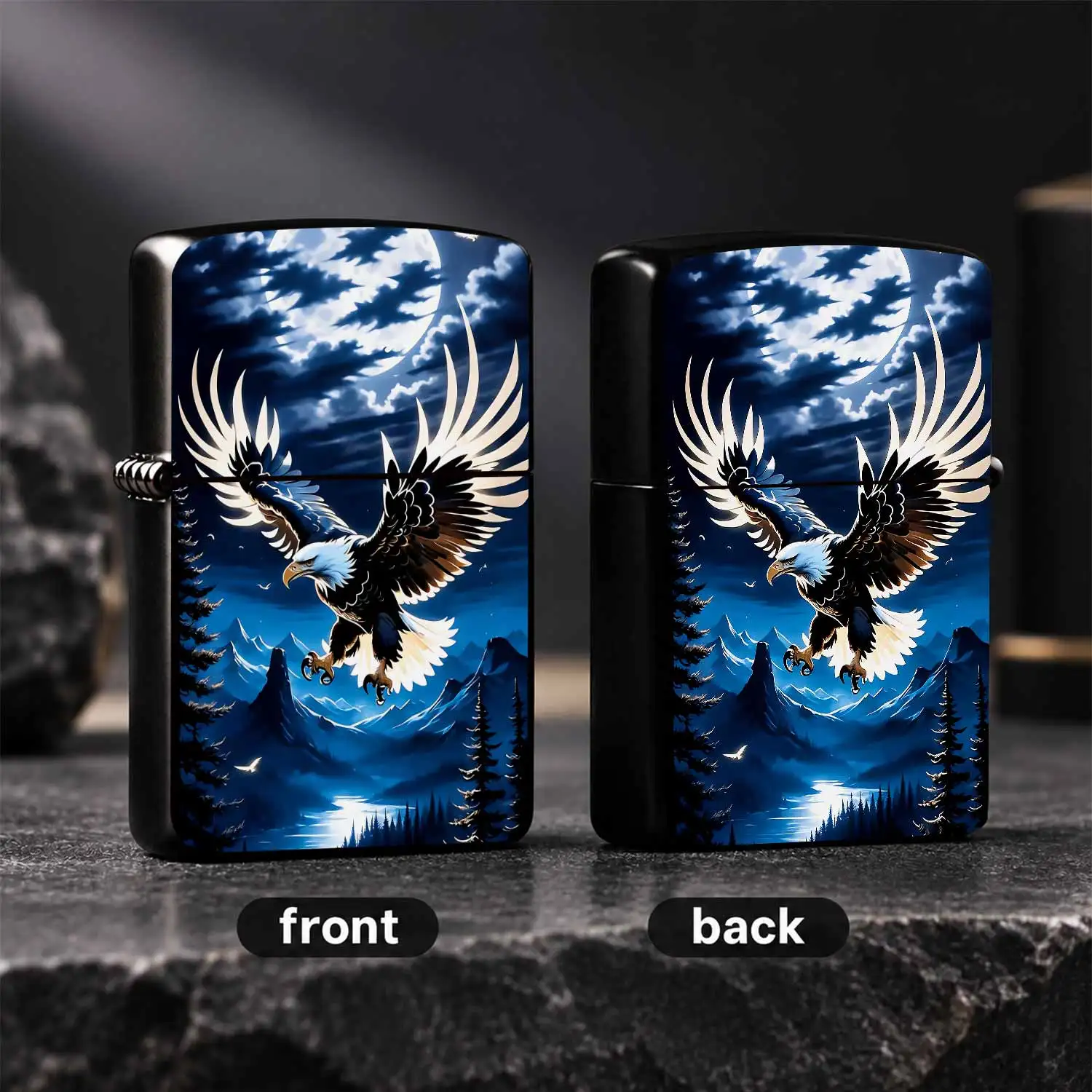 Vivid Moonlit Bald Pattern Lighter, Exquisite Wilderness Mountain River Art Design, Portable Windproof Ignition Accessory For Outdoor Camping Hiking Travel, Aesthetic Decorative Present For Birthday Holiday Gatherings, A Humorous And Intere
