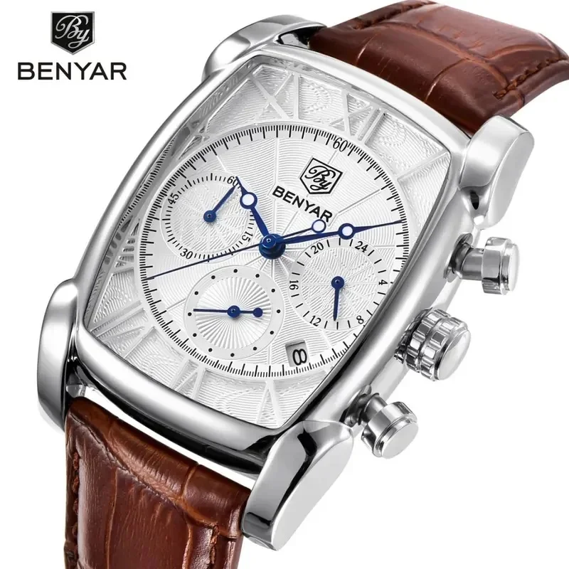 2026 New BENYAR 5113 Rectangular Military Sports Chronograph Watch, Luxury Leather Strap Men's Quartz Wristwatch