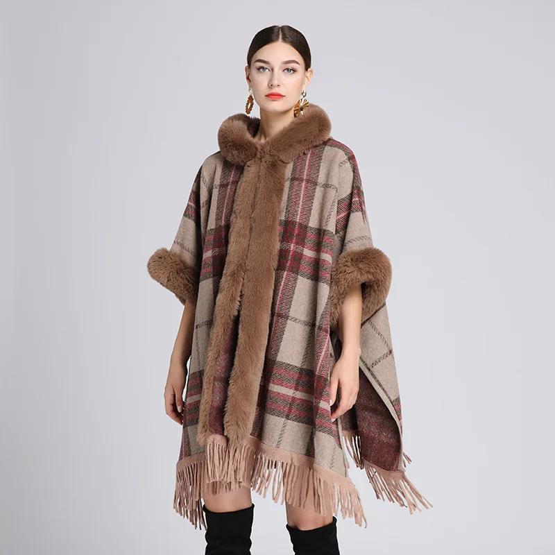 Women Cashmere Feel Hoodie Shawl Lady Rex Rabbit Faux Fur Collar Wrap Autumn Winter Plaid Cloak with Tassel Luxury Warm Overcoat