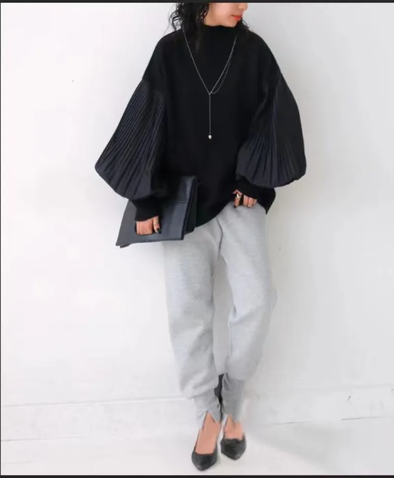 2024 Jesienno-zimowe ciepłe swetry z golfem Plisowany rękaw z lampionem Patchwork Casual Pullovers Japanese Vintage Dzianina Top