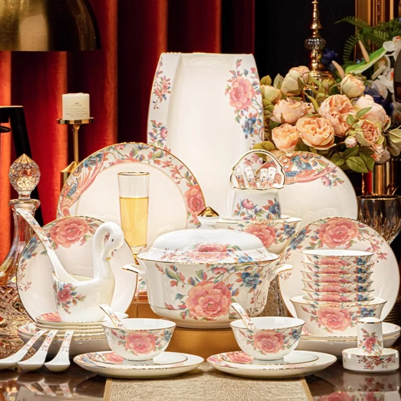 Bone China Luxury Dinner Sets Plates Ceramics Home Guests Party Wedding Dinnerware Sets Kitchen Gift Jogo De Jantar Dishes