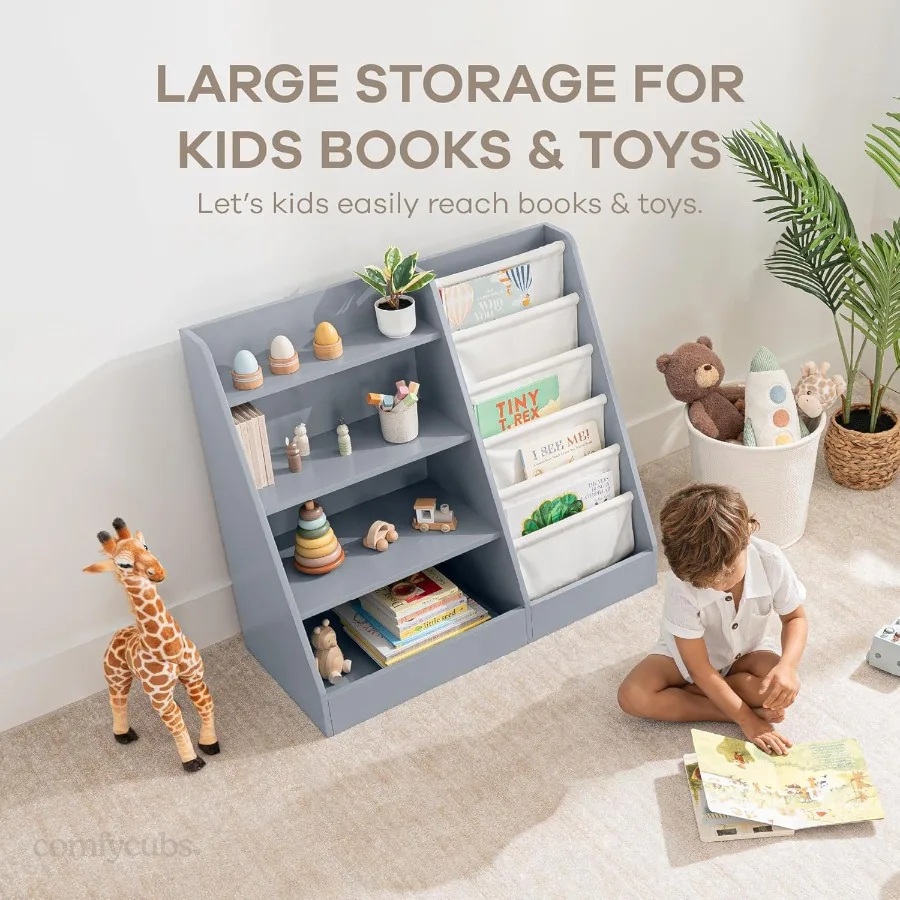 Bookshelf 35.2 x 15.7 x 31.5 Inches Sturdy Plywood Montessori Book Shelf with Soft Hard Shelves for Toys Books ChildFriendly Ea