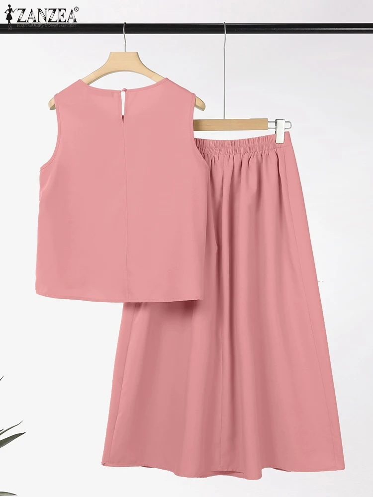 ZANZEA Donna Estate 2PCS 2025 Set di abiti alla moda Canotte a pieghe senza maniche e maxi gonne Casual Solid Party 2 pezzi Abiti