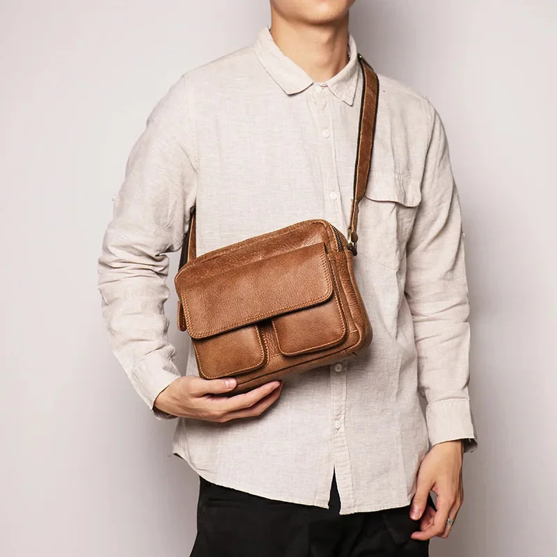 

Retro Top Layer Cowhide Bag Male Horizontal Crossbody Men's Real Leather Casual Shoulder 7.9 "iPad