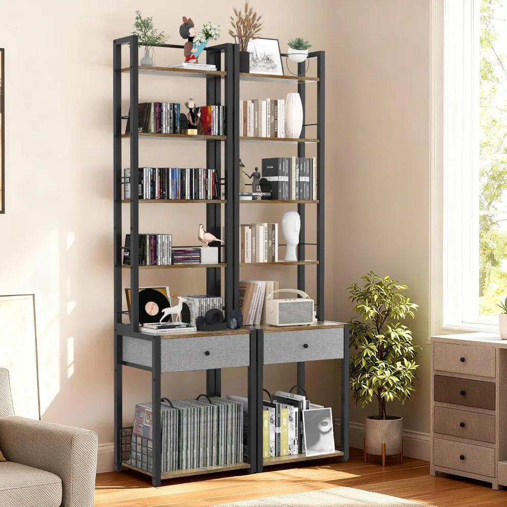 6-Tier CD DVD Storage Rack with Drawer, Adjustable Media Organizer Shelf for Vinyl Records & Books, Home Office Living Room