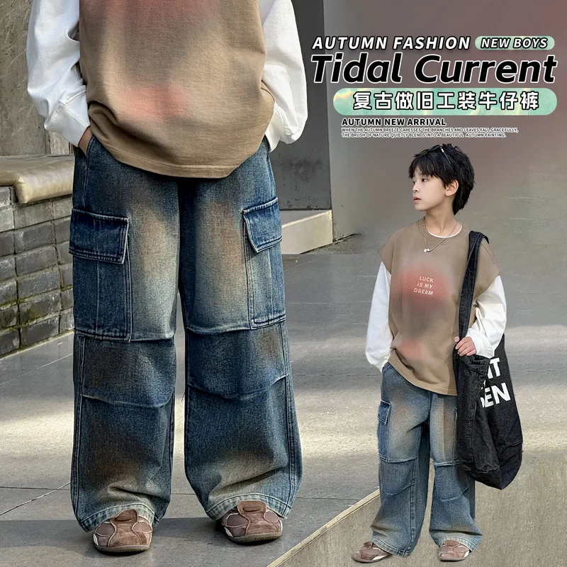 Spring Autumn Boys' Retro Casual Loose Cargo Jeans Kids Straight Leg Denim Pants New Children's Fashion Spray Dyeing Trousers