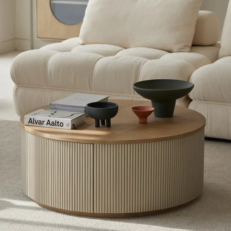 Luxury Vintage 2 Drawer Multifunctional Storage Oak Roundwood Table Modern Coffee Table Set Luxury Modern