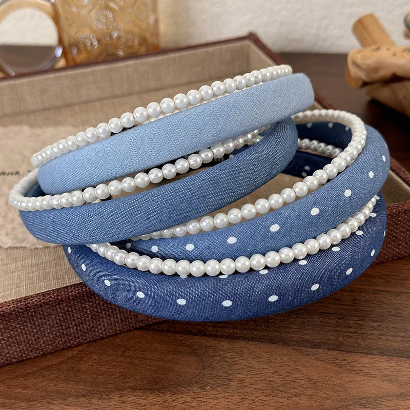 Retro Denim Blue Pearl Double Layer Headband Girl Exquisite Hair Hoop Womans Temperament Hair Band Lady Fashion Hair Accessories