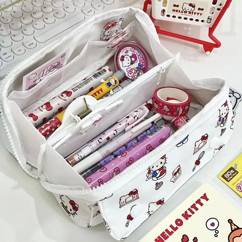 Sanrio Hello Kitty Cute Pencil Case Cartoon Portable Large Capacity Pen Bag Pouch School Supplies Girls Stationery Storage Bag