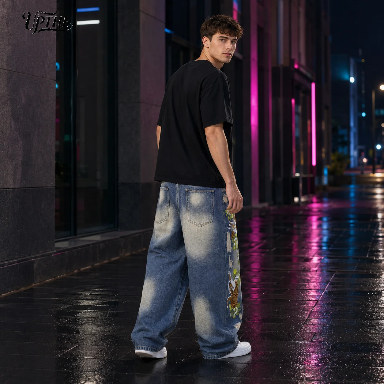 UP.THE Oversized Baggy Jeans for Men, Retro Gradient Washed Distressed Ripped Denim Pants, Jungle Tiger Floral Embroidery Y2K Streetwear Wide Leg Jeans, Skate Hip Hop Loose Denim Trousers for Teen Boys Daily Outfits view 7