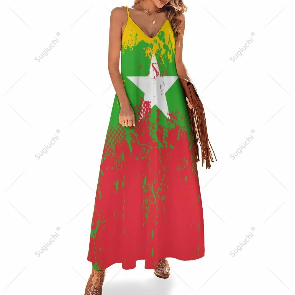 

Long Dresses Dress Myanmar Flag Print New Casual Sleeveless Women's V-Neck Printed Dress Swing Retro Dresses