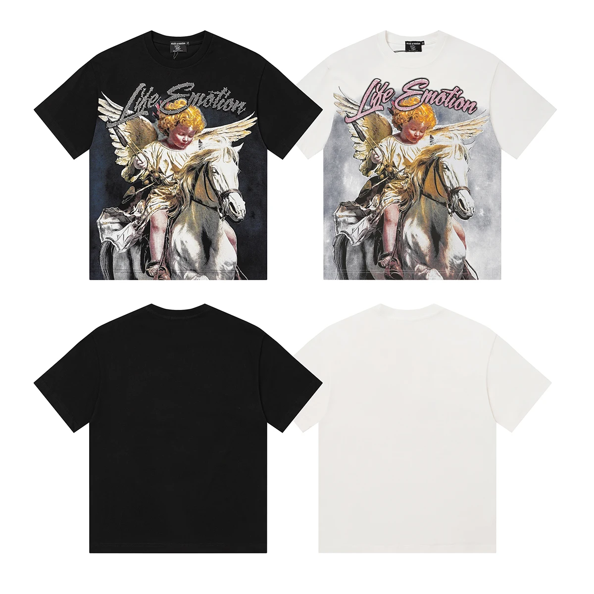 Mixed Emotion American Trendy Knight Angel Print Loose Fit Short Sleeve Pure Cotton T-Shirt Street Style Heat Pressed Rhinest...
