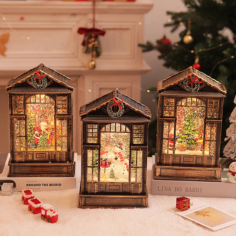 New Christmas Resin Snow House Music Box Desktop Ornament Shine Snowfall Festive Atmosphere Living Room Bedroom Home Decoration
