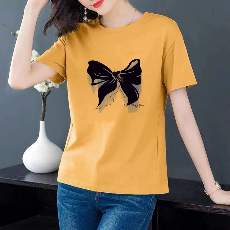 

Women Casual T-Shirt With Bow Print Loose Fit O-Neck Short Sleeve Summer Top For Office Wear