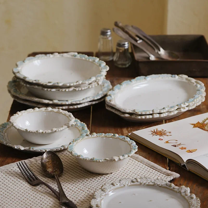 Retro Embossed Western Plate Ceramic Tableware Salad Dessert Pasta Steak Rice Bowl Dinner Pate Home Kitchen Use