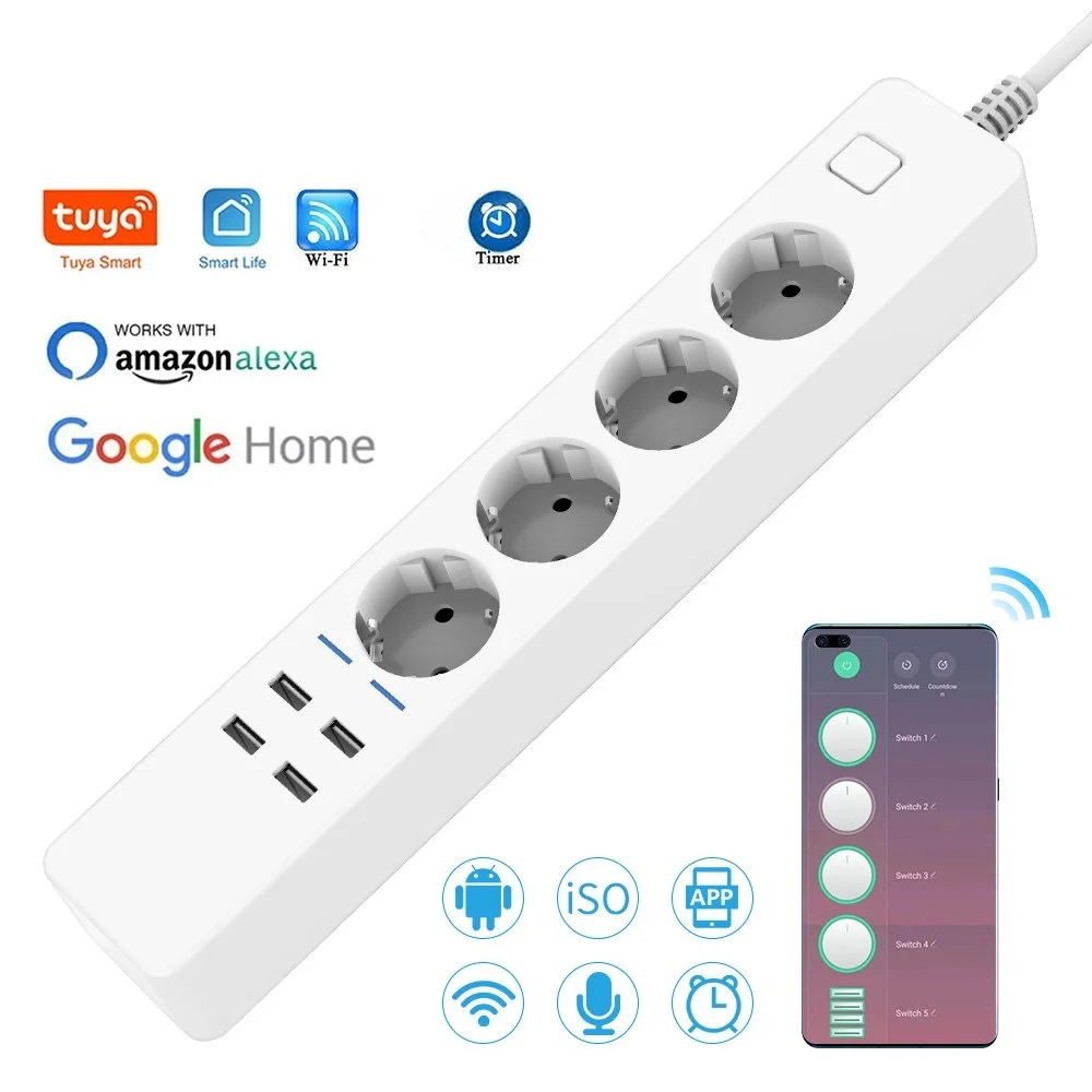 Top Smart Power Strip Wifi 4 EU Outlets Plug 4 USB Charging Port Timing App Voice Control Work with Alexa Google Home Assistant