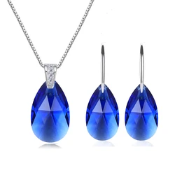 Original Crystals from Austria Water Drop Jewelry Sets Pendant Necklace Drop Earrings Silver Color for Women Friends Birthday