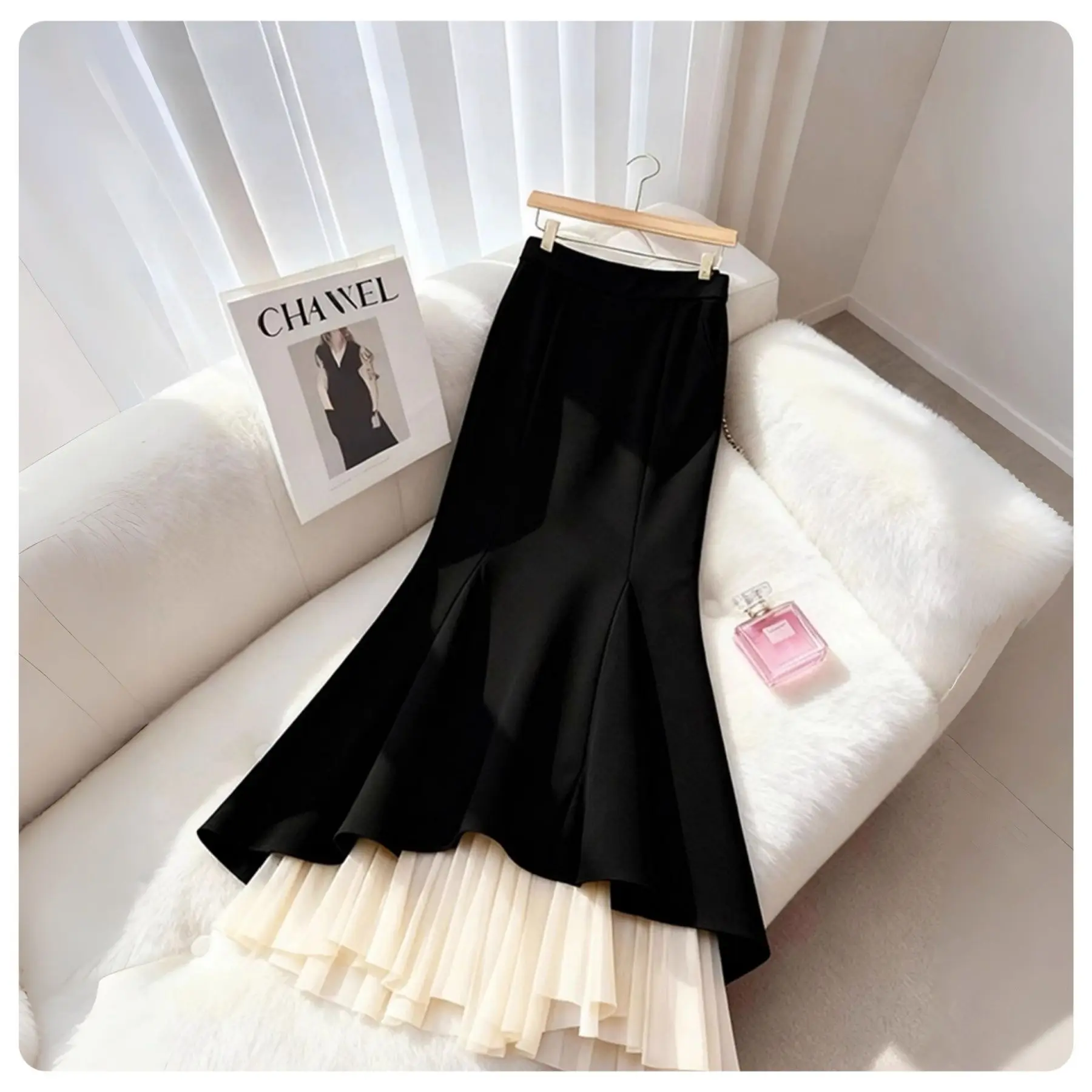 

Style Elegant Goddess Black Patchwork Mermaid Midi Skirt For Women High-End Exquisite Draped Fall Winter New