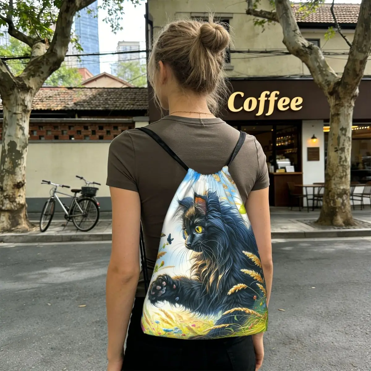 Cute Black Kitten And Butterfly Print Backpacks Portable Drawstring Bundle Pocket Sports Bag Book Bags for Man Woman Students