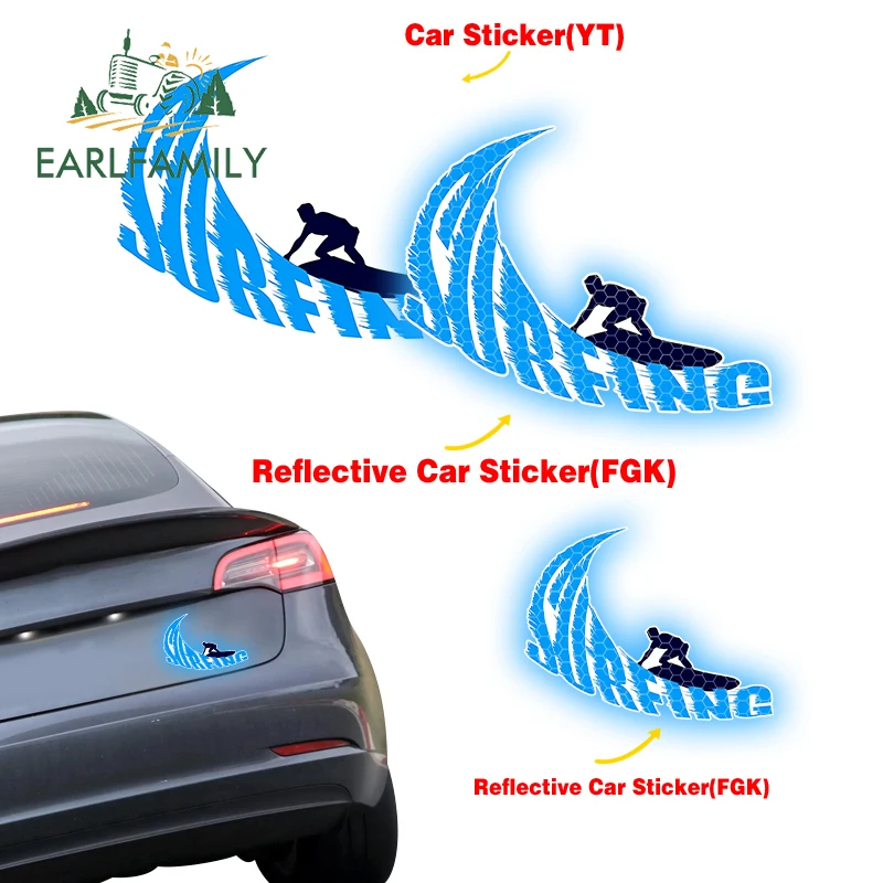

EARLFAMILY Surfing Blue Wave Reflective Car Sticker Windows Personality Surfboard Decal Bumper Waterproof Laptop Car Goods