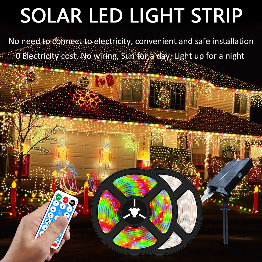 5M/10M solar LED strip lights with 8 modes, Christmas color lights, outdoor IP67 waterproof courtyard decoration solar lights.