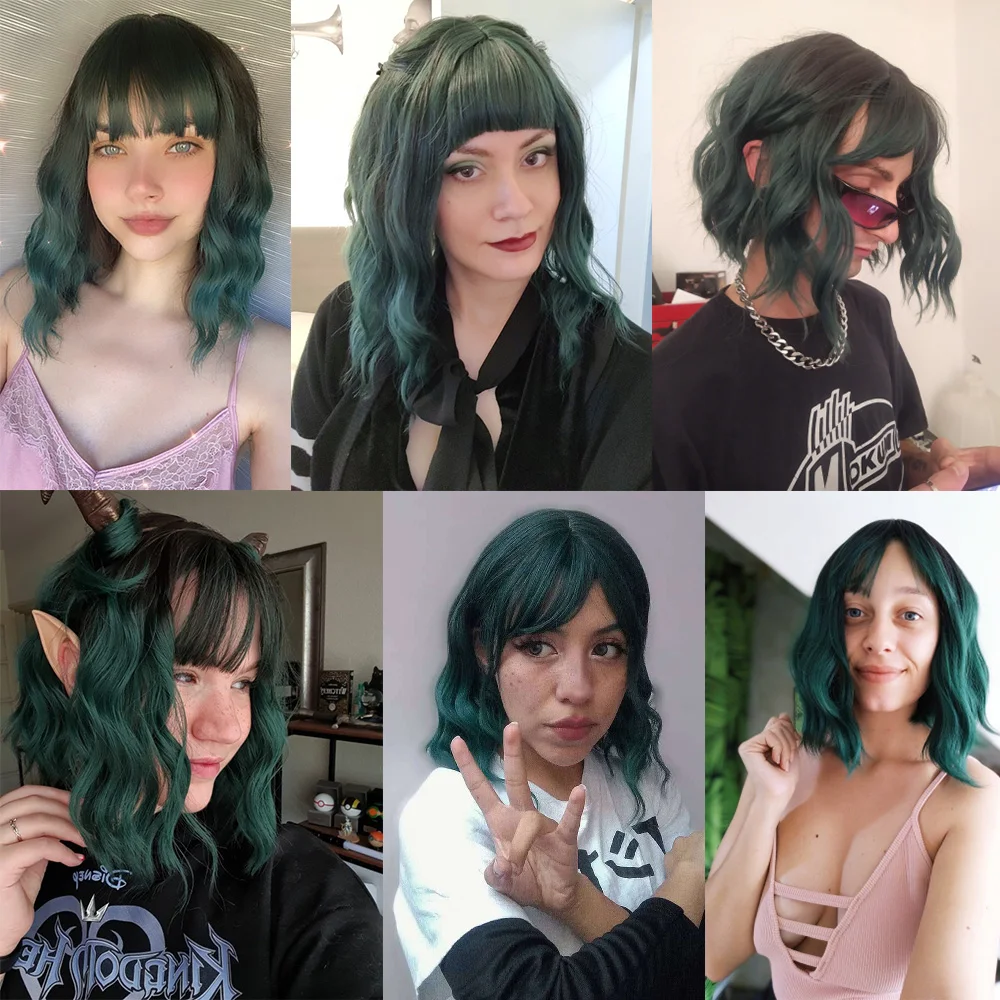 Korte Golvende Groene Synthetische Pruiken voor Vrouwen Groen Cosplay Haar Bob Pruiken Met Pony Lolita Party Hittebestendige Natuurlijke Nep Haar