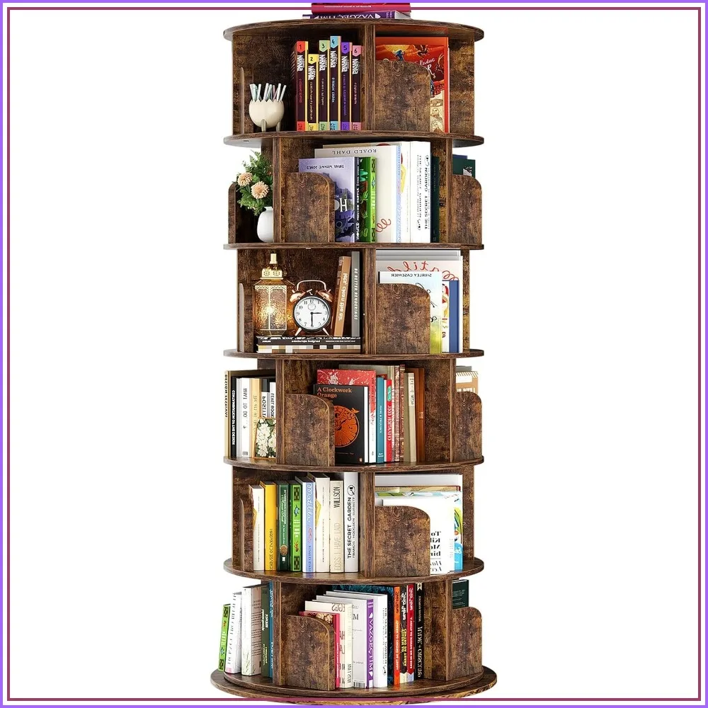 Rotating Bookshelf Tower 6 Tier Wood Spinning Bookcase Rustic Brown