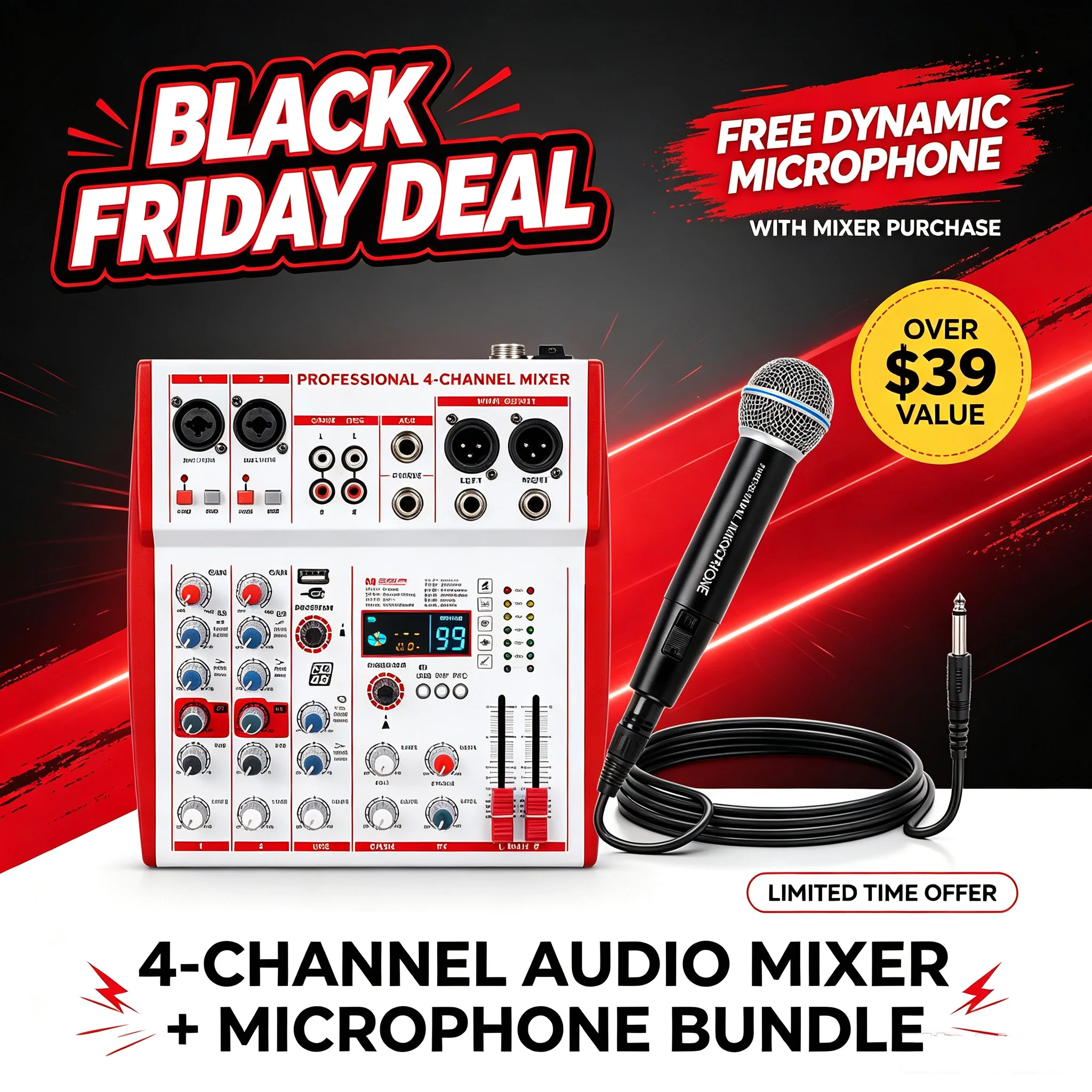 NXG 4-Channel Professional Audio Mixer | Comes with a Wired Dynamic Microphone, Bluetooth USB DJ Effects, 99 Mixing Controls, Suitable for Live Streaming, Karaoke, Studio Recording, Plug-and-Play Combo Set, Black Friday/Halloween Promo Set