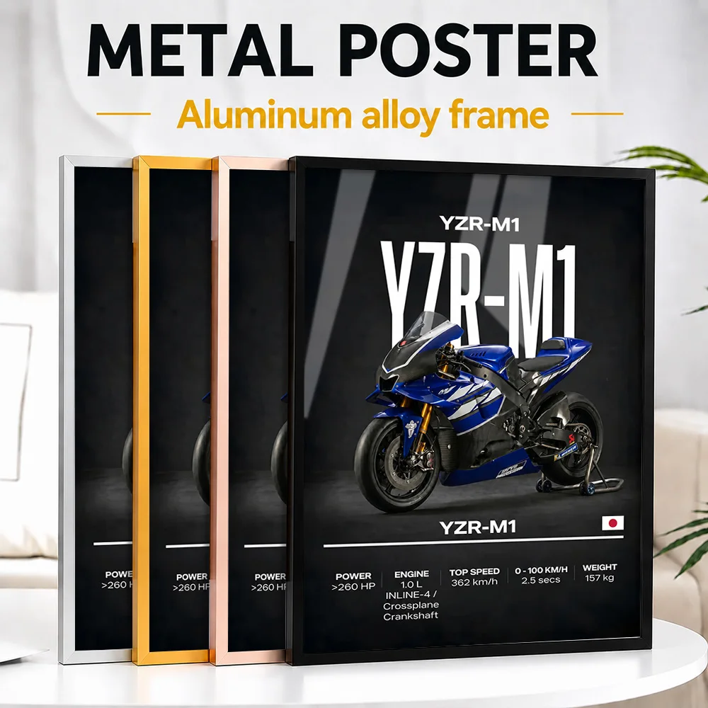 Blue Japanese YZR-M1 Motorcycle Framed Metal Print Customized Studio Graphic Wall Art For Rider Lounge, Motorcycling Fan Gift
