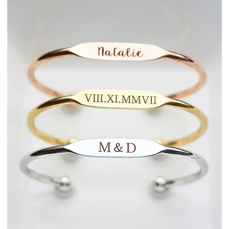 

Персонализированные браслеты с гравировкой из нержавеющей стали, индивидуальный однотонный браслет-манжета, индивидуальное имя, подарок на день Святого Валентина для влюбленных
