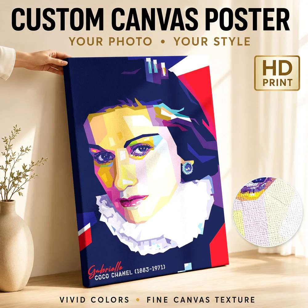 Coco Chanel Portrait Framed Canvas Print Personalized Photo Multicolor Polygon Shapes Wall Art For Entryway Housewarming Gift