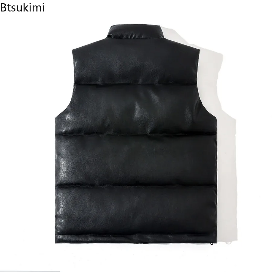 Men's Black Solid Color Casual Trendy Simple Basic Stand Collar Sleeveless PU Quilted Vests Male Winter Autumn New Fashion Coats