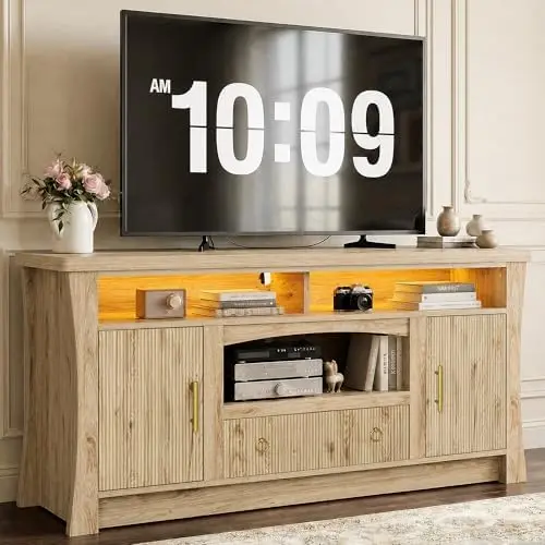 TV Stand for 65 inch TVs, Entertainment Center with Power Outlet and Led Lights, TV Console with Storage Cabinets and