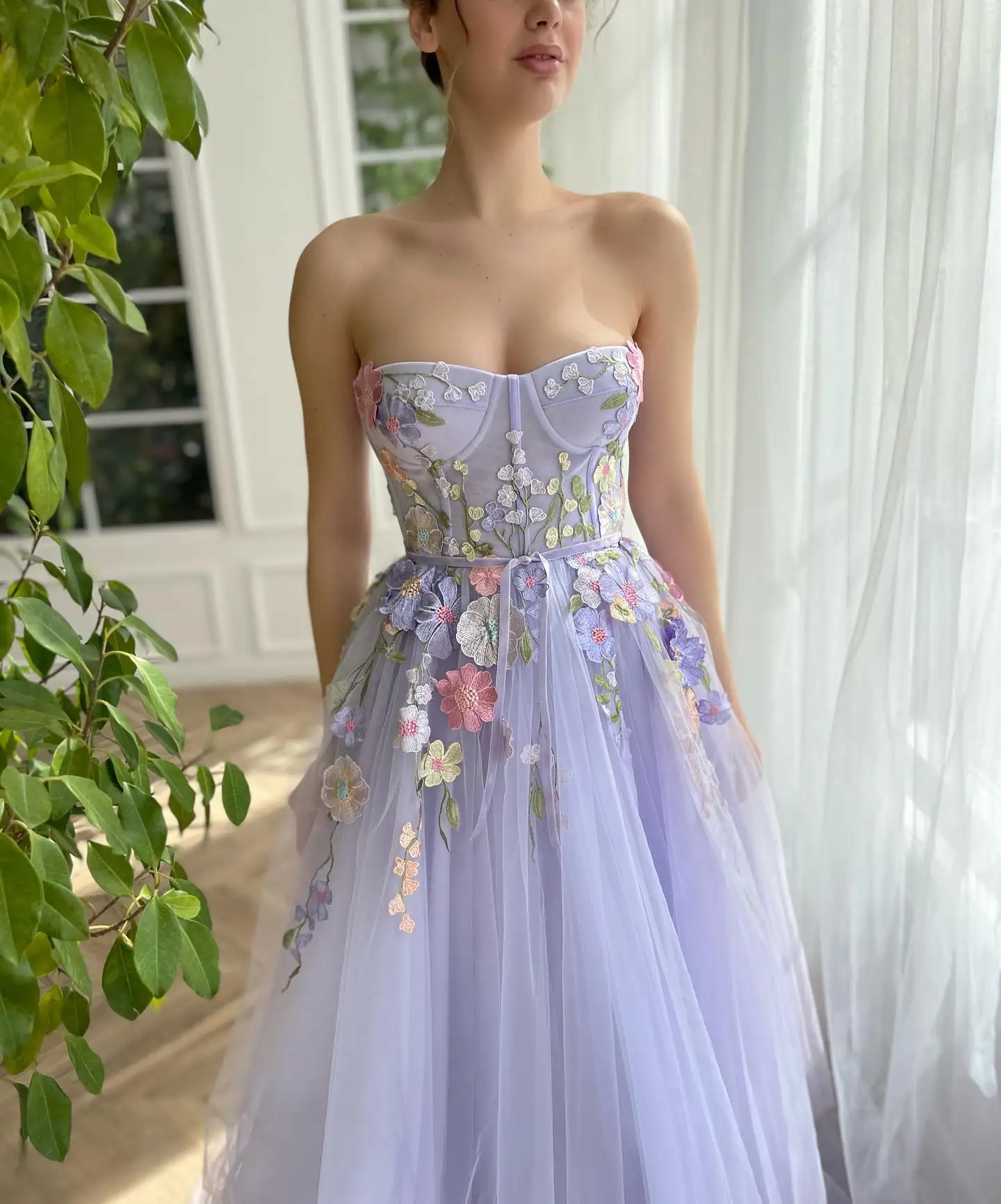 Lavender Flower Embroidery A Line Prom Dresses Draped Tulle Sweetheart Princess Graduation Party Dress 2024 Homecoming Gowns