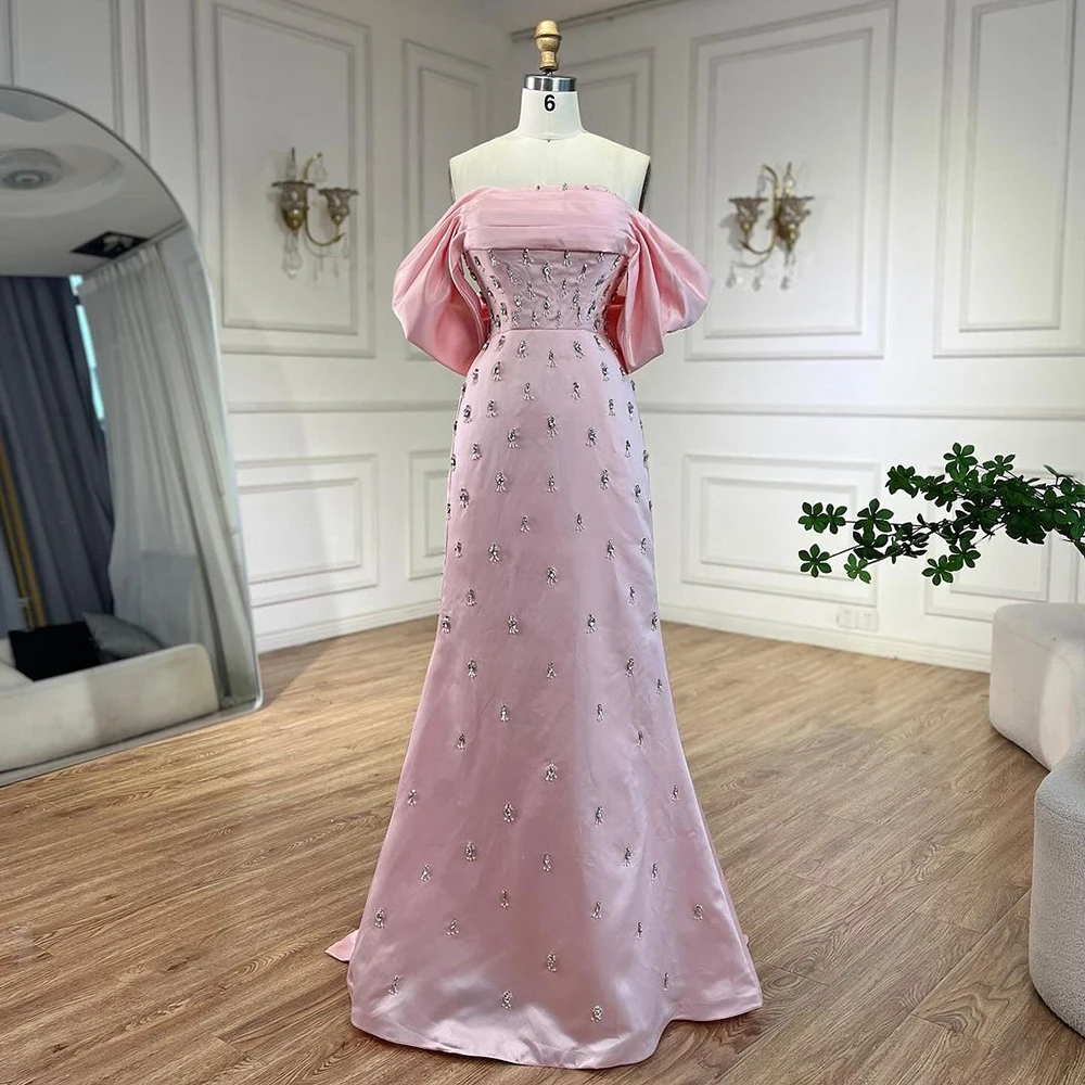 Serene Hill Customized Pink Satin Beaded Mermaid Evening Dresses Dubai Wedding Party Formal Gowns for Women 2025 DLA72414