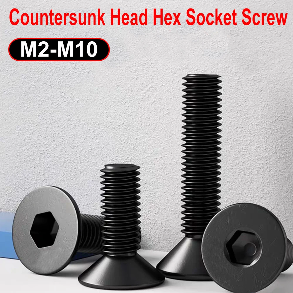 M2 M2.5 M3 M4 M5 M6 M8 M10 Black Grade 10.9 Carbon Steel Countersunk Hexagon Screw Flat Head Allen Cap Screw Bolt 1Pcs-150Pcs