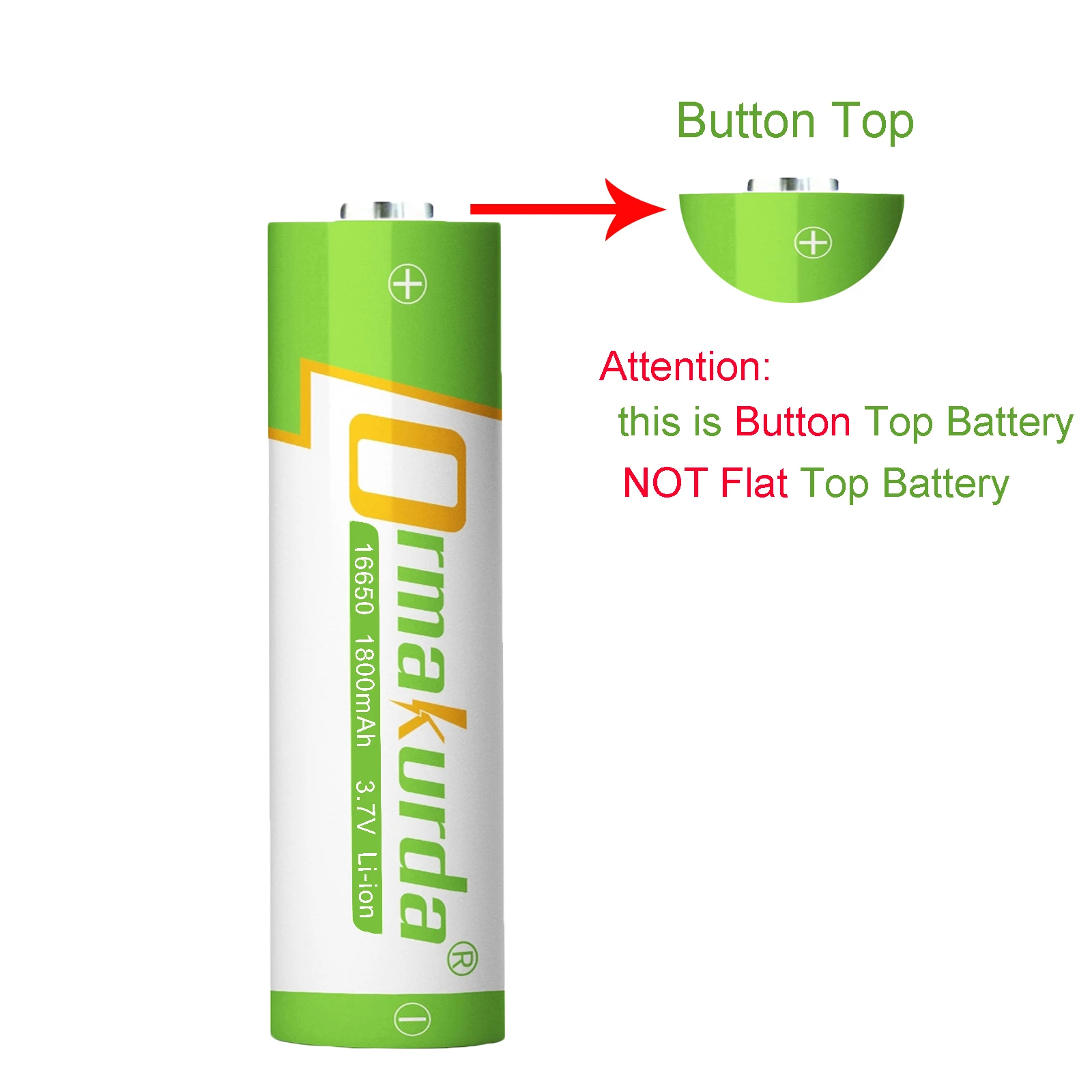 16650 3.7V Li-ion Battery 1800mAh 16650 Rechargeable Batteries with Button Top for Flashlights Torches