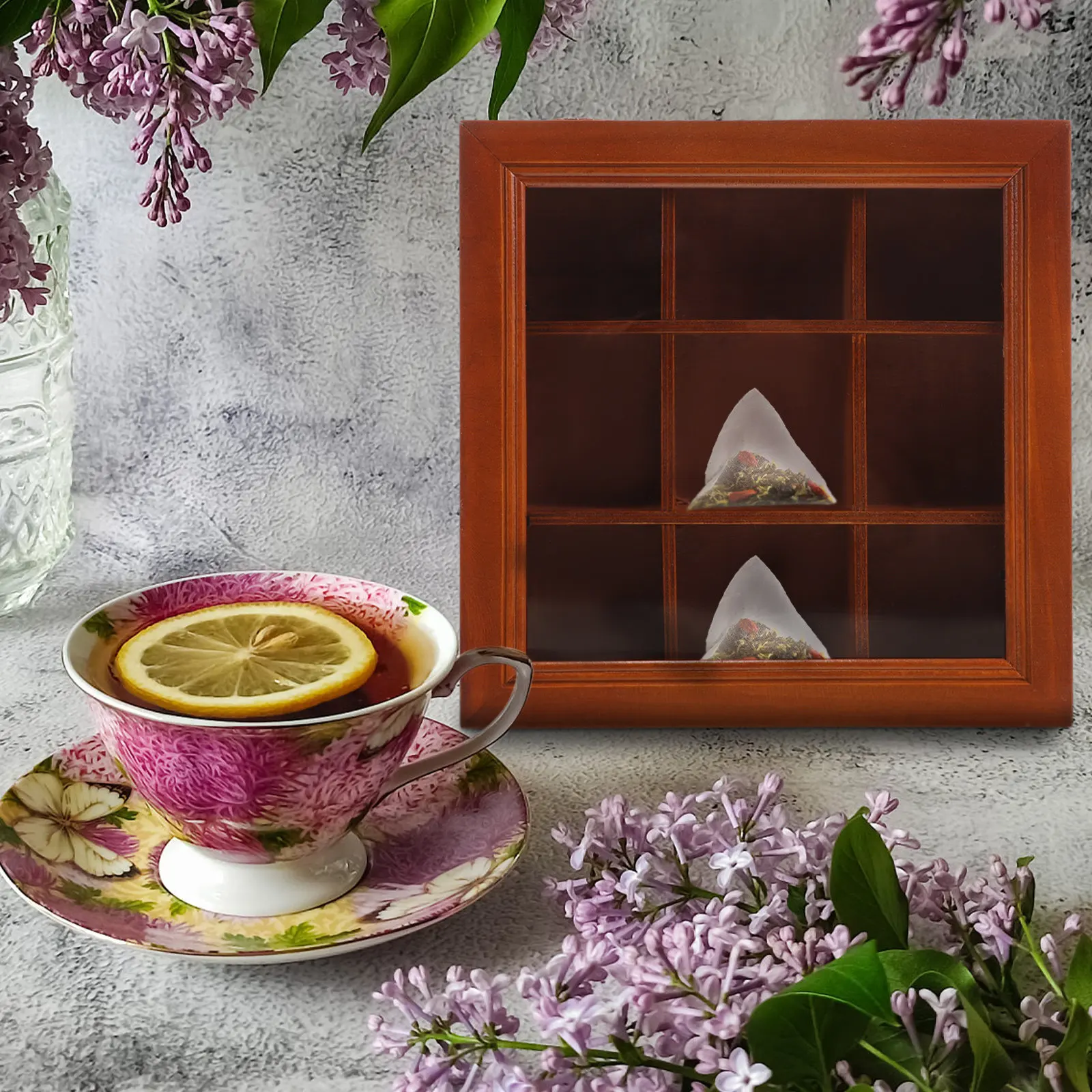 Multi-Grid Tea Bag Storage Box Transparent Wooden Organizer Desktop Decorative Tea Bag Holder Coffee Station Sugar Packet