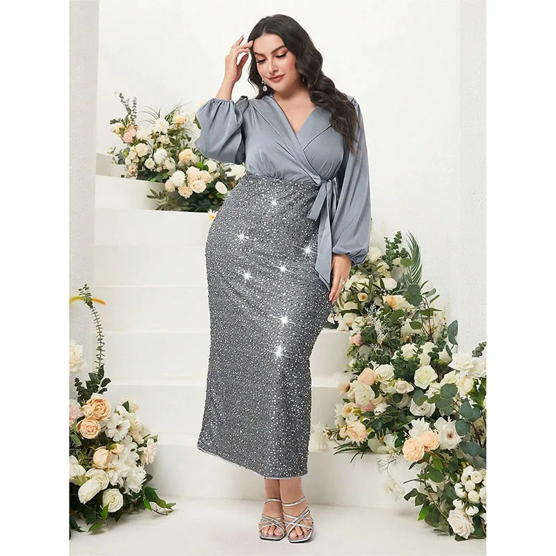 Exquisite Gray Sequined Mother Of The Bride Dresses Long Sleeves Wedding Guest Dress Ankle-Length Sheath V-Neck Evening Gowns