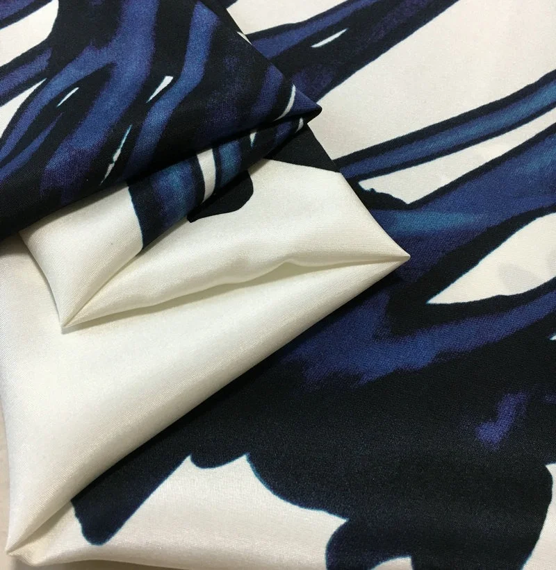 White Background Abstract Hand-painted Blue Taro Flower Print Mulberry Silk Fabric Stretch Crepe Dress Clothing Designer Fabric