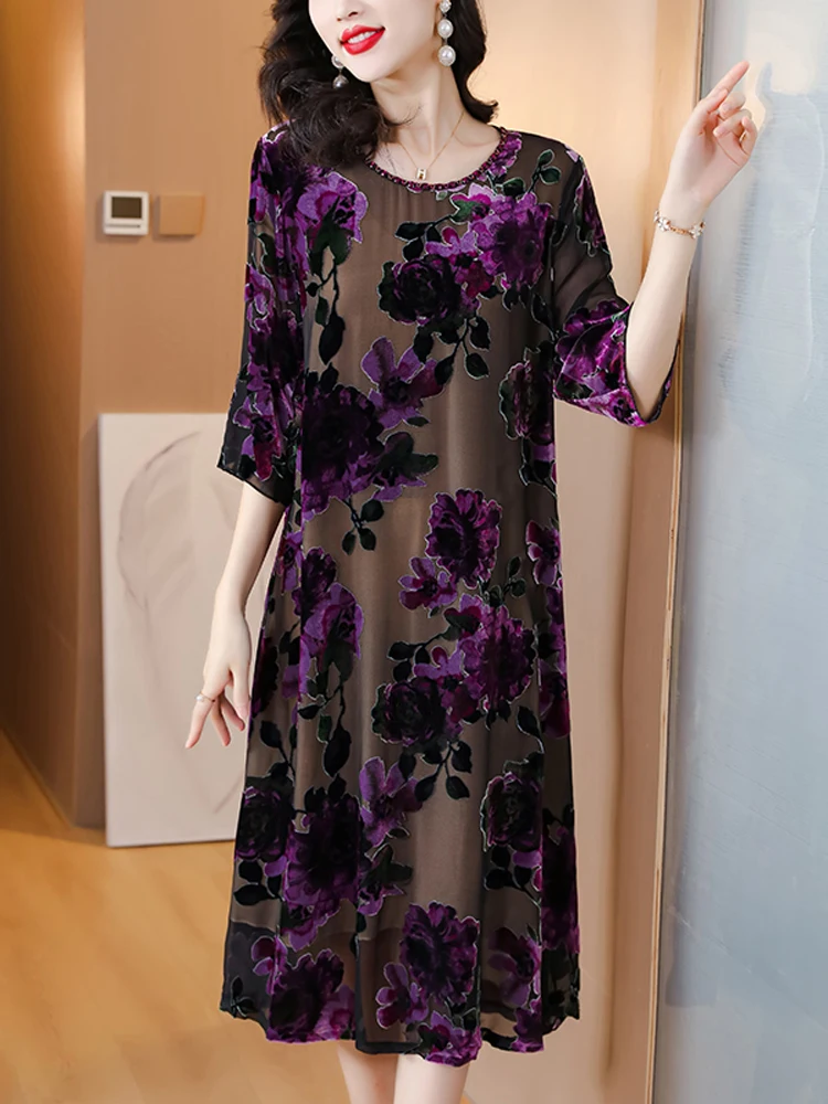 NYFS 2024 Autumn New Fashion Woman Dress Vestidos Robe Ete Femme Elbise Loose Velvet Silk Half Sleeve Dresses L-5XL